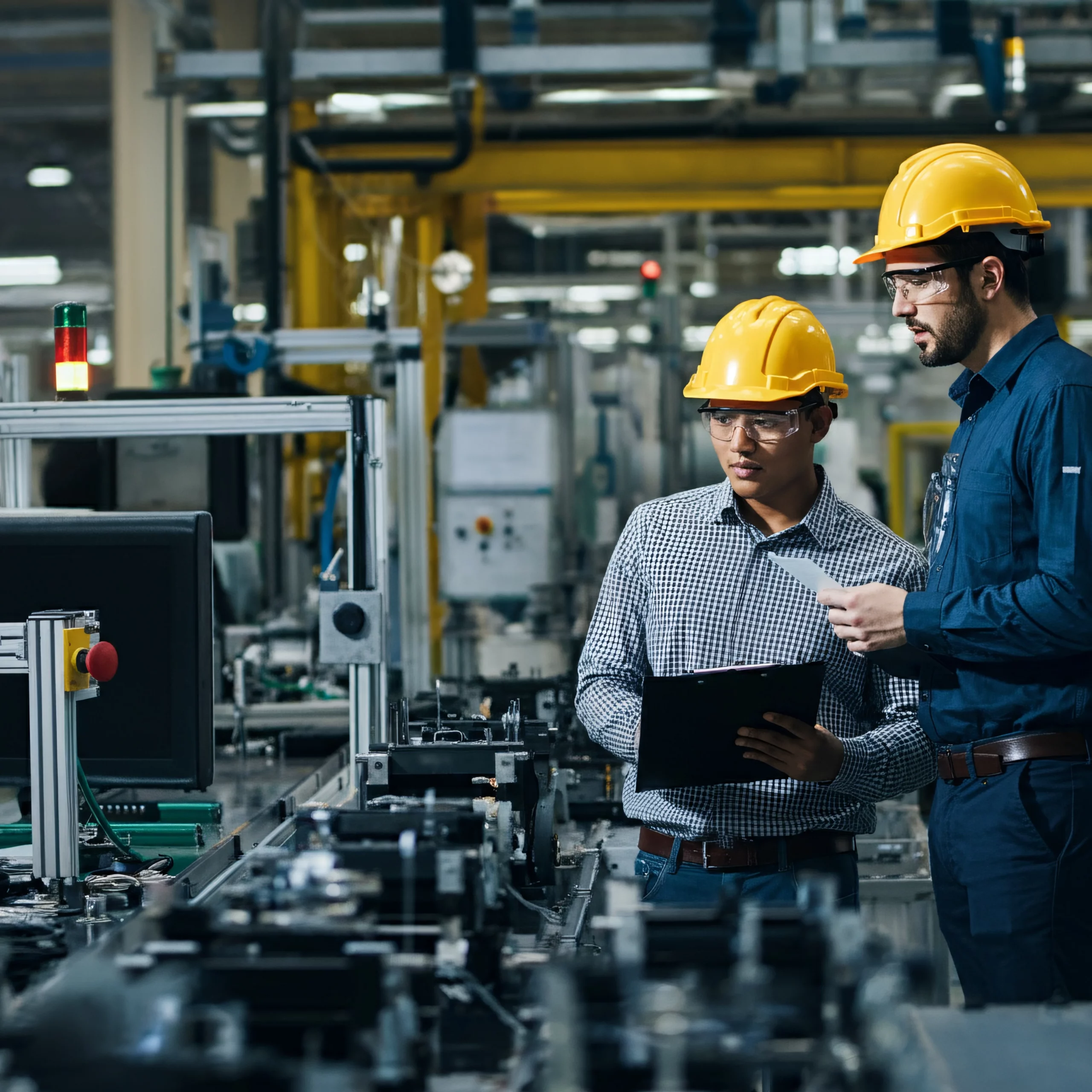 industrial engineers working hightech factory with advanced machinery scaled